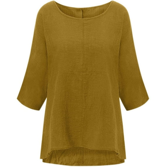 IROINNID Womens Plus Size Tops Solid Three Quarter Sleeve Cotton Tops Blouse T-shirt,Yellow