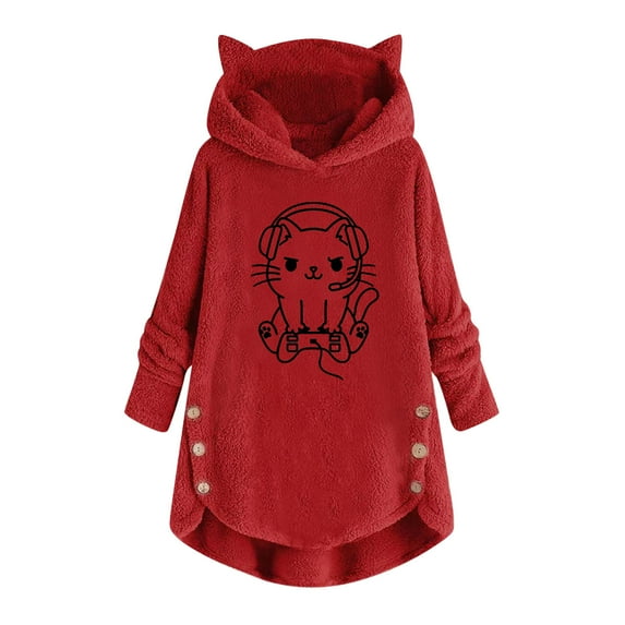 IROINNID Deals Womens Winter Clothes Pullover Hoodies Lounge Printing Cat Ears Plush Buttons Long Sleeved Hooded Plush Coat Top,Wine