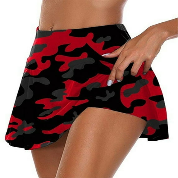 IROINNID Workout Shorts for Women Fake Two-piece Leggings Camouflage Sports Tight Yoga Shorts Skirt,Red