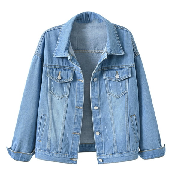 IROINNID Denim Jacket for Women Long Sleeve Turndown Lapel Light Wash Jean Jacket Solid Color Lightweight Button Down Classic Outerwear,Light Blue