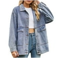 thumbnail image 1 of IROINNID Denim Jacket for Women Long Sleeve Turndown Lapel Light Wash Jean Jacket Solid Color Lightweight Button Down Classic Outerwear with Pocket,Blue, 1 of 8