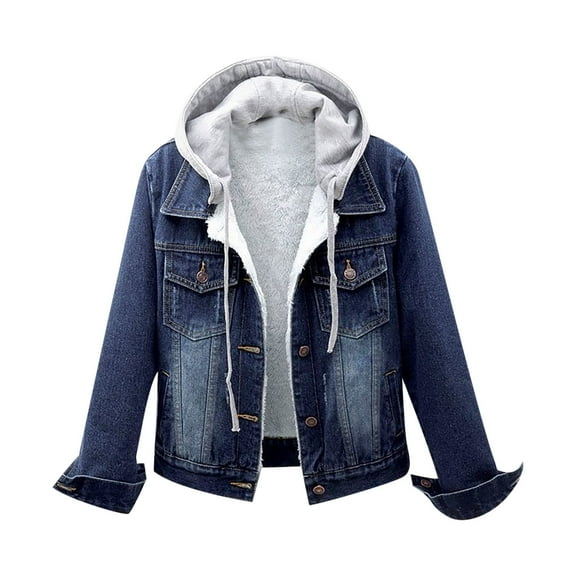 IROINNID Denim Jacket for Women Long Sleeve Turndown Lapel Light Wash Jean Jacket Solid Color Winter Warm Keep Button Down Basic Hooded Outerwear,Blue