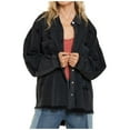 thumbnail image 1 of IROINNID Denim Jacket for Women Long Sleeve Turndown Lapel Dark Wash Jean Jacket Solid Color Lightweight Button Down Frayed Hem Outerwear,Black, 1 of 8