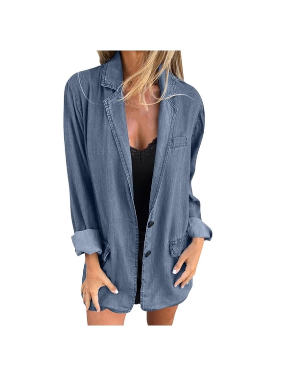 Denim Jacket for Women Long Sleeve Turndown Lapel Light Wash Jean Jacket Solid Color Lightweight Button Down Classic Outerwear(Z01#Light Blue,M)
