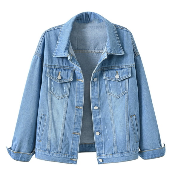 IROINNID Denim Jacket for Women Long Sleeve Turndown Lapel Light Wash Jean Jacket Solid Color Lightweight Button Down Classic Outerwear(Z05#Light Blue,M)