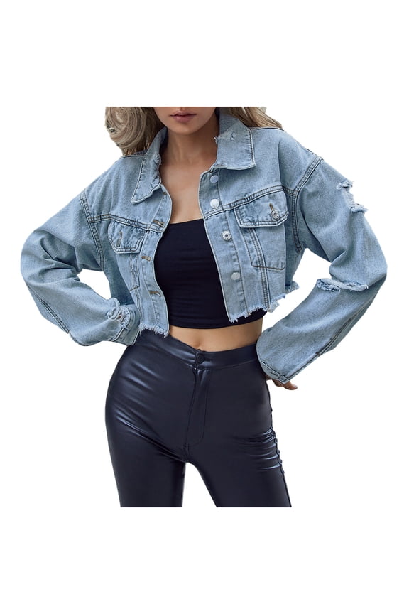 Denim Jacket for Women Long Sleeve Turndown Lapel Light Wash Jean Jacket Solid Color Lightweight Button Down Frayed Hem Outerwear,Blue