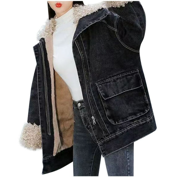 IROINNID Denim Jacket for Women Deals Long Sleeve Dark Wash Jean Jacket Solid Color Winter Warm Keep Zipper Classic Outerwear,Beige