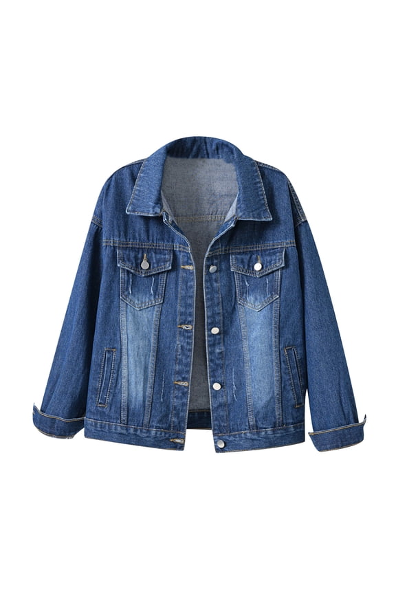 Denim Jacket for Women Long Sleeve Turndown Lapel Light Wash Jean Jacket Solid Color Lightweight Button Down Classic Outerwear,Navy