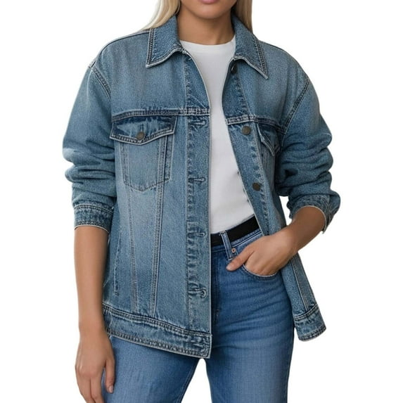 IROINNID Denim Jacket for Women Long Sleeve Light Wash Jean Jacket Solid Color Lightweight Button Down Classic Outerwear with Pockets