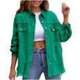 thumbnail image 1 of IROINNID Denim Jacket for Women Long Sleeve Turndown Lapel Color Wash Jean Jacket Solid Color Lightweight Button Down Frayed Hem Outerwear,Green, 1 of 4