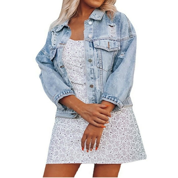 IROINNID Denim Jacket for Women Long Sleeve Turndown Lapel Light Wash Jean Jacket Solid Color Lightweight Button Down Basic Outerwear,Light Blue