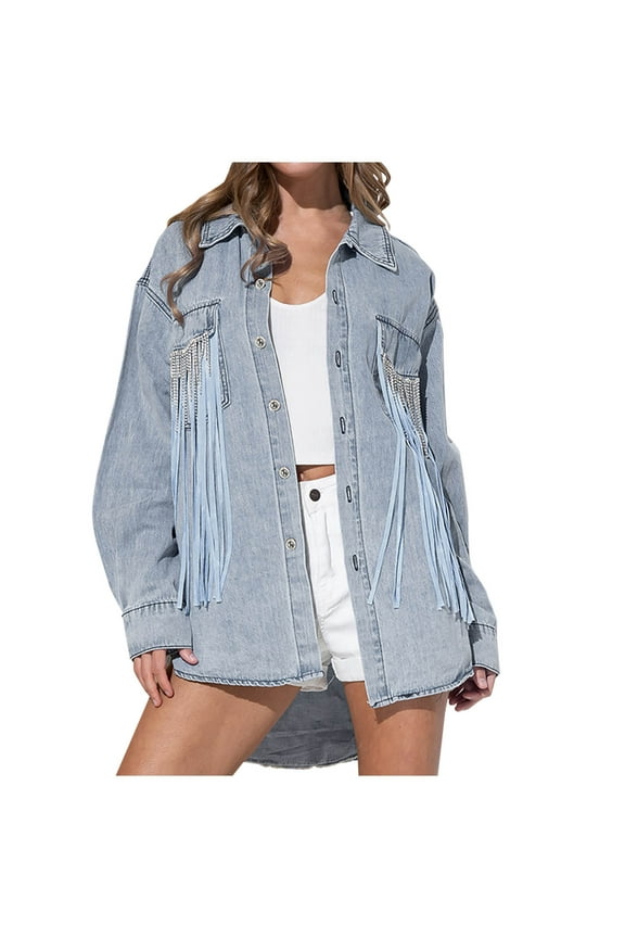 Denim Jacket for Women Long Sleeve Loose Light Wash Jean Jacket Solid Color Lightweight Button Down Basic Outerwear,Light Blue