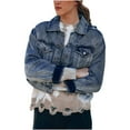 thumbnail image 1 of IROINNID Denim Jacket for Women On Sale Long Sleeve Turndown Lapel Light Wash Jean Jacket Solid Color Lightweight Button Classic Outerwear,Dark Blue, 1 of 9