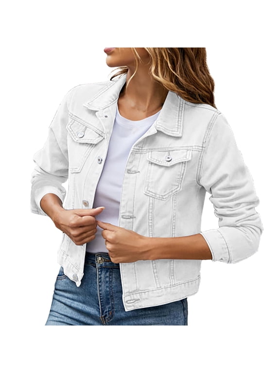 Denim Jacket for Women Long Sleeve Turndown Lapel Light Wash Jean Jacket Solid Color Lightweight Button Down Classic Outerwear,White