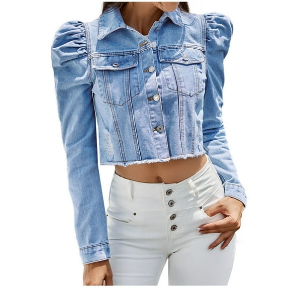 IROINNID Denim Jacket for Women Long Sleeve Cropped Light Wash Jean Jacket Solid Color Lightweight Button Down Basic Outerwear,Light Blue