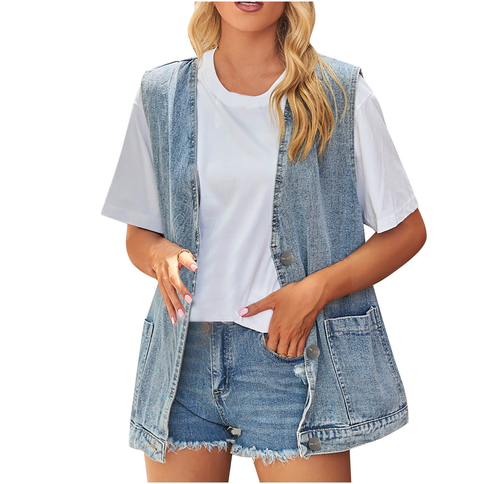 IROINNID Denim Vest for Women Long Sleeve Light Wash Jean Vest