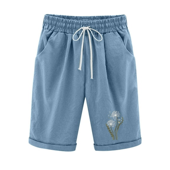 IROINNID Bermuda Shorts for Women Summer Printed Five Points Large Size Cotton Linen Pants Pants Shorts,Blue