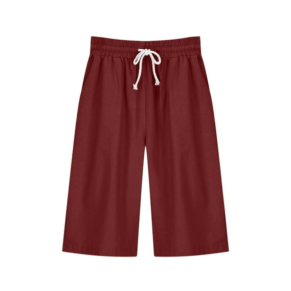 IROINNID Bermuda Shorts for Women Summer Solid Color Five Points Cotton Linen Pants Pants,Burgundy