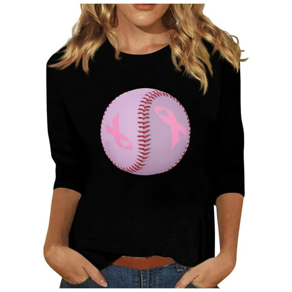 IROINNID Discount Breast Cancer Pullover for Women Breast Cancer Awareness Casual Printed Loose T-shirt 3/4 Sleeves Blouse Round Neck Tops,Black