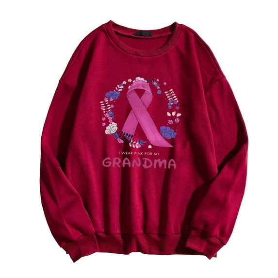 IROINNID Discount Breast Cancer Sweatshirt for Women Pink Ribbon Casual Round Neck Cure Printing Harajuku Style Long Sleeve Sweatshirts Tops,Red