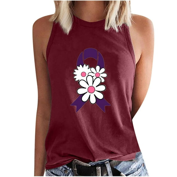 IROINNID Discount Breast Cancer Tank for Women Breast Cancer Awareness Loose Sleeveless Printed Ladies Round Neck Blouses Tops T-Shirt,Burgundy