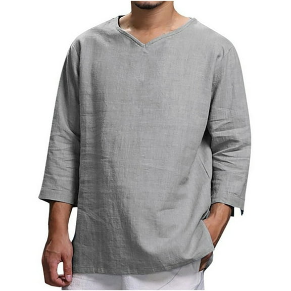 IROINNID Button Down Shirts for Men Long-sleeved Round Neck Cotton And Linen Loose Shirt Pure Color Multi-size,Gray