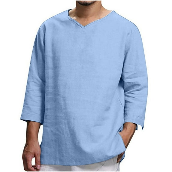 IROINNID Discount Button Down Shirts for Men Long-sleeved Round Neck Cotton And Linen Loose Shirt Pure Color Multi-size,Light blue