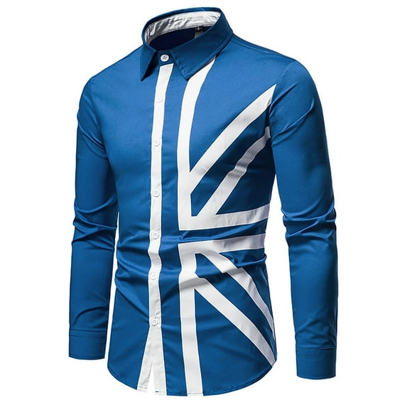 IROINNID Discount Button Up Shirts for Men Colorblock Cowboy Long Sleeve Band Collar Turndown Dress Shirts,Blue