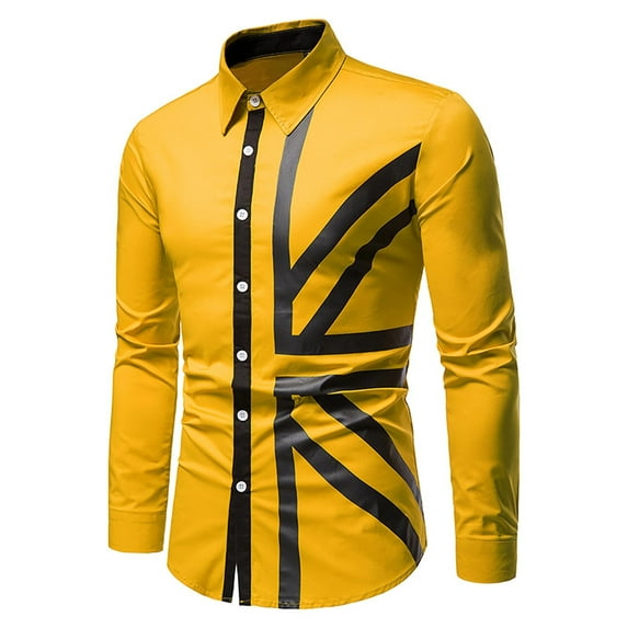 IROINNID Button Up Shirts for Men Colorblock Cowboy Long Sleeve Band Collar Turndown Dress Shirts,Yellow