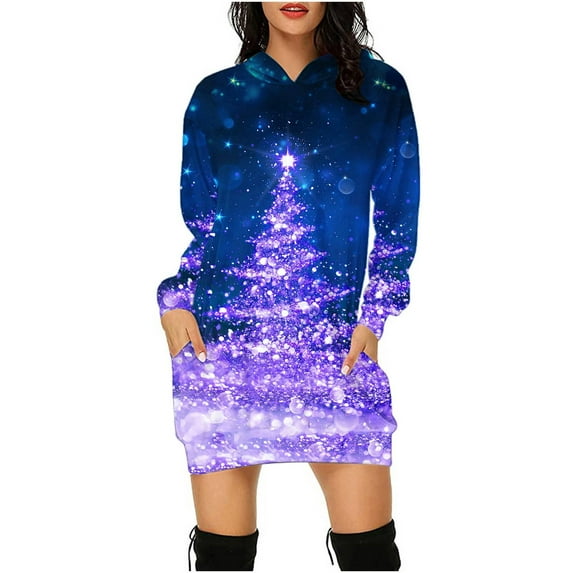 IROINNID Discount Christmas Dress for Women Long Sleeve Dress Thigh-Length Hooded Sheath Dress Xmas Printed Loose Fit Dress with Pocket,Blue