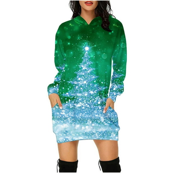 IROINNID Discount Christmas Dress for Women Long Sleeve Dress Thigh-Length Hooded Sheath Dress Xmas Printed Loose Fit Dress with Pocket,Green
