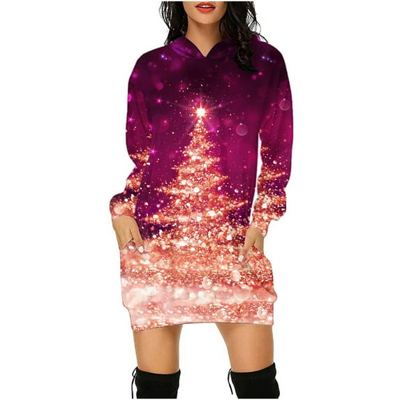 IROINNID Discount Christmas Dress for Women Long Sleeve Dress Thigh-Length Hooded Sheath Dress Xmas Printed Loose Fit Dress with Pocket,Hot Pink
