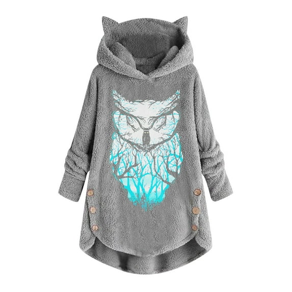 IROINNID Discount Christmas Hoodies for Women Lounge Printing Cat Ears Plush Buttons Long Sleeved Hooded Plush Coat Top,Gray