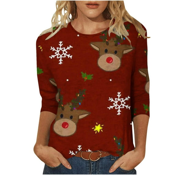 IROINNID Christmas Shirts for Women Christmas Graphic Printed T-shirt 3/4 Sleeves Pullover Crewneck Casual Tops,Burgundy