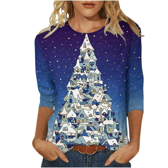 IROINNID Discount Christmas Shirts for Women Christmas Graphic Printed T-shirt 3/4 Sleeves Pullover Crewneck Casual Tops,Multicolor