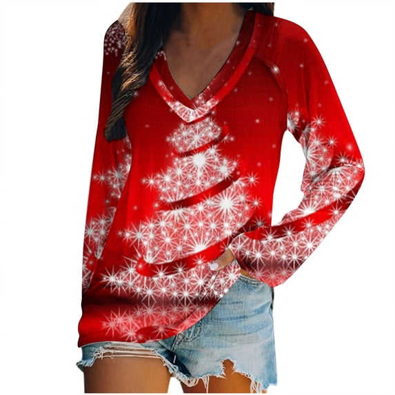 IROINNID Christmas Shirts for Women V-Neck Home Print Raglan Long Sleeve T-Shirt Top,Red