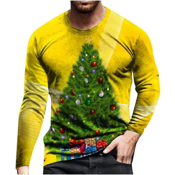 IROINNID Christmas Sweater for Men Christmas Round Neck Printed Long Sleeve Blouse Tops,Yellow
