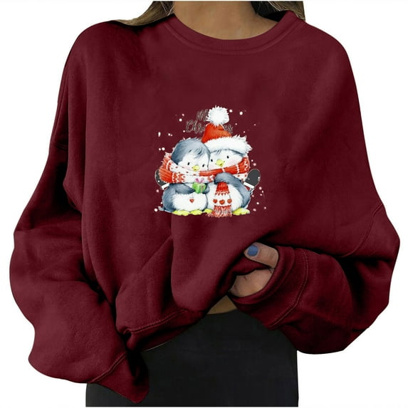 IROINNID Discount Christmas Sweatshirts for Women Crewneck Oversize Reindeer Print Long Sleeve Tops Xmas Casual Sweatshirts,Burgundy