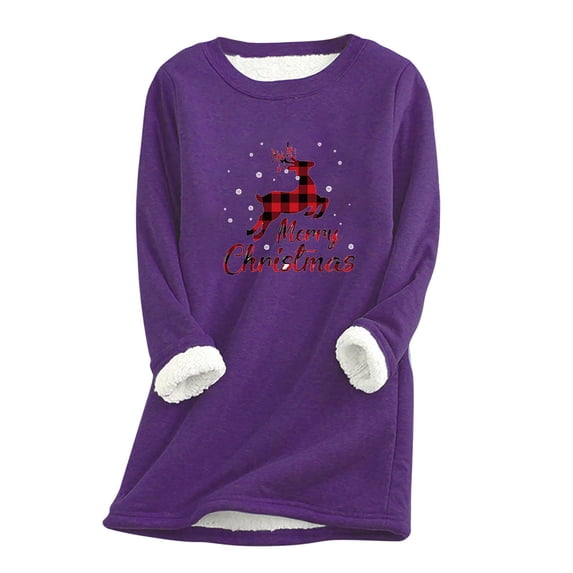 IROINNID Discount Christmas Sweatshirts for Women Thick Fleece Sweatshirt Long Sleeve Xmas Print Velvet Warm Crewneck Loungewear Tops,Purple
