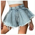 thumbnail image 1 of IROINNID Denim Shorts for Women Denim Shorts Pocketed High Waist Loose Tassel Zipper Button Denim Pants,Light Blue, 1 of 9