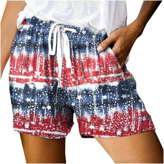 IROINNID Discount Drawstring Shorts for Women Independence Day Printed Loose Pockets Lacing Drawstring Short Pants,Blue