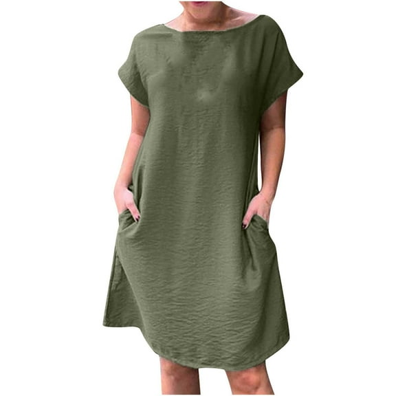 IROINNID Dress for Women 2023 Casual Cocktail Wedding Guest Dress Round Neck Short Sleeved Dress Fit&Flare Dress,Olive Green