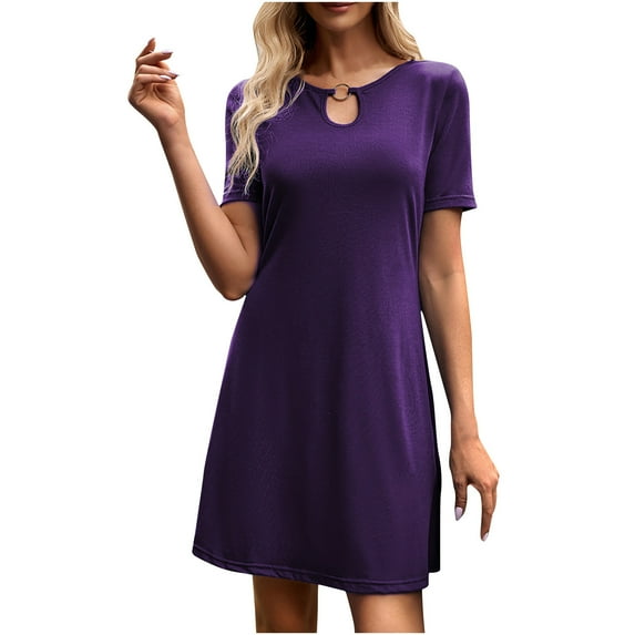 IROINNID Discount Dress for Women 2023 Casual Cocktail Wedding Guest Dress Short-Sleeved Round-Neck Dress Fit&Flare Dress,Purple