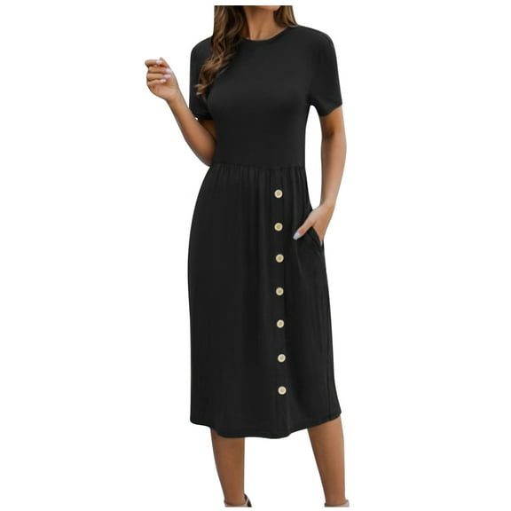 IROINNID Dress for Women 2023 Semi Formal Fall Dress ’s Solid Short Sleeve Round-neck Maxi Summer Loose Dress Surplice Dress,Black