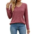 thumbnail image 1 of IROINNID Discount Fall Shirts for Women Long Sleeve V-Neck Stripe Brushed Button Spliced T-shirt,Burgundy, 1 of 4