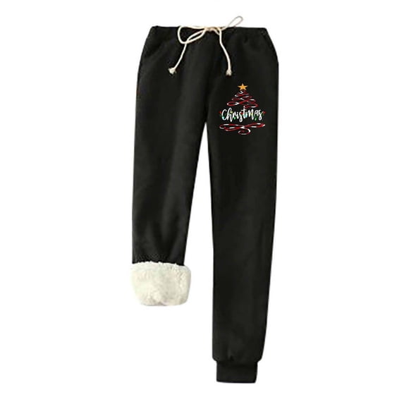 IROINNID Discount Fleece Sweatpants for Women Christmas Printed Winter Pants Lamb Fleece Elastic Thickened Plush Warm Sweatpants,Black