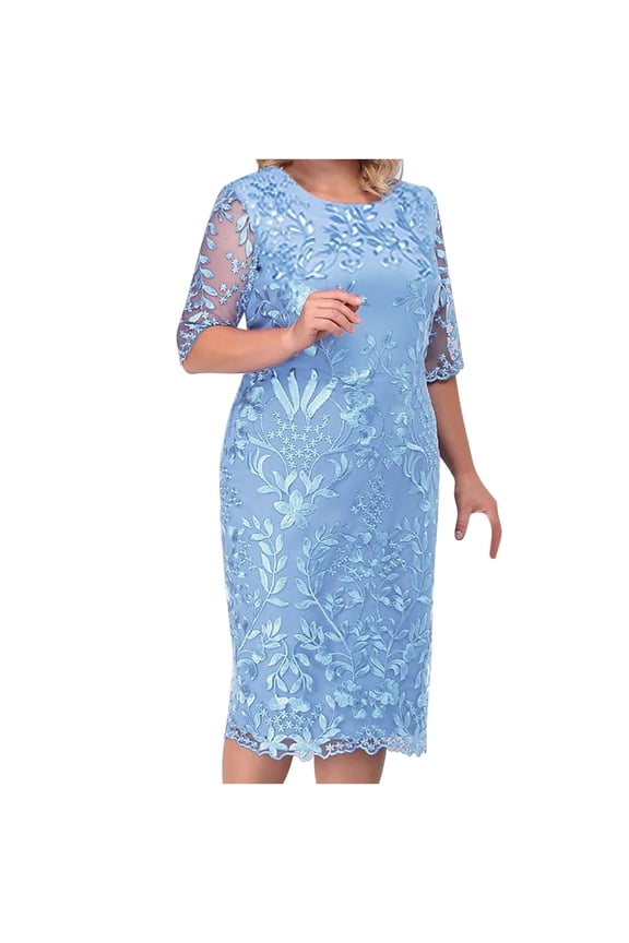 Formal Dress for Women Wedding Guest Evening Party Formal Dress Plus Size Dress Spliced Embroidered Lace Cocktail Dress,Blue