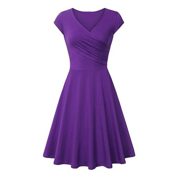 IROINNID Discount Formal Dress for Women Wedding Guest Homecoming Party Trendy Summer Color Short Sleeve V-Neck Loose Dress,Purple
