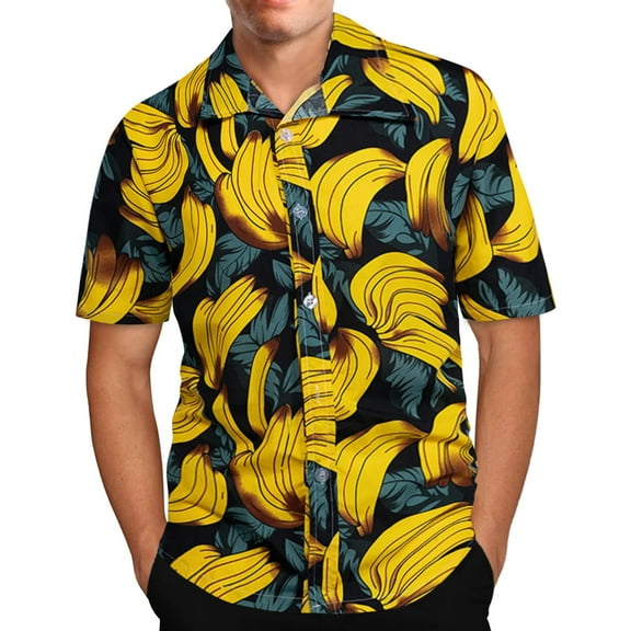 IROINNID Hawaiian Shirt for Men Hawaiian Print Lapel Short Sleeve Shirt,Yellow