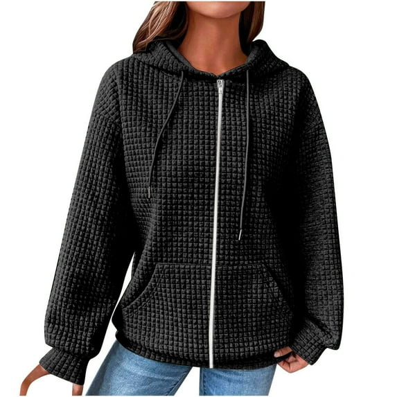 IROINNID Discount Hoodie Jacket for Women Casual Zipper Long Sleeve Solid Waffle Jacket Sport Loose Coat All-match Hoodie Jacket,Black